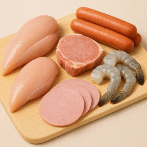 Assorted raw and sliced meat products including chicken breast, pork cut, sausages, and deli slices on a wooden board