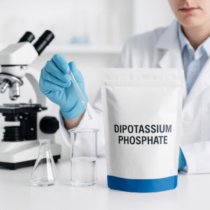 Laboratory testing setup with a stand-up pouch of food-grade dipotassium phosphate alongside beakers and scientific instruments