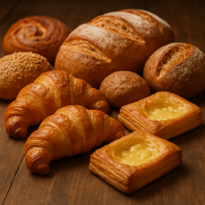 High-resolution photo of assorted freshly baked bread, croissants, and pastries on a wooden table.