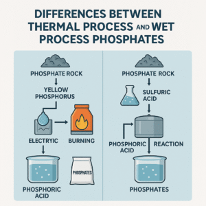 Infographic comparing thermal-process and wet-process phosphate production routes, showing differences in raw materials, energy usage, and phosphoric acid purity. 