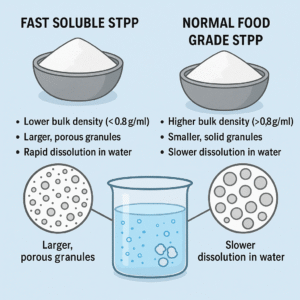 Comparison image of fast soluble STPP and normal STPP showing differences in bulk density, particle structure and dissolution behavior.