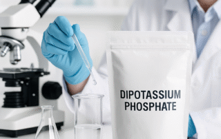 Laboratory testing setup with a stand-up pouch of food-grade dipotassium phosphate alongside beakers and scientific instruments