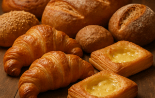 High-resolution photo of assorted freshly baked bread, croissants, and pastries on a wooden table.
