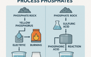 Infographic comparing thermal-process and wet-process phosphate production routes, showing differences in raw materials, energy usage, and phosphoric acid purity.