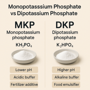 Comparison image showing monopotassium phosphate (MKP) and dipotassium phosphate (DKP) white powder in bowls for chemical and functional differentiation.