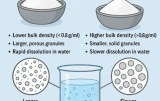 Comparison image of fast soluble STPP and normal STPP showing differences in bulk density, particle structure and dissolution behavior.