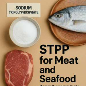 Top-down view of raw meat, a whole fish, and a bowl of white STPP powder representing phosphate use in meat and seafood processing