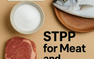 Top-down view of raw meat, a whole fish, and a bowl of white STPP powder representing phosphate use in meat and seafood processing