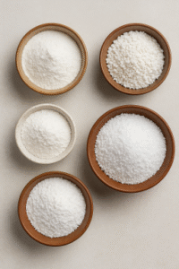 Top-down view of various food-grade phosphate powders (SAPP, STPP, TSPP) in small ceramic bowls on a neutral background, illustrating ingredients used in meat, seafood, bakery, and dairy applications.