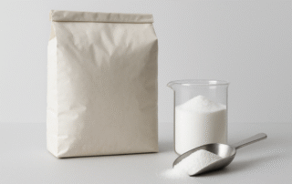 A sealed 25-kilogram kraft paper bag standing beside a clear glass beaker filled with fine white powder and a stainless steel scoop, displayed on a clean light grey surface.