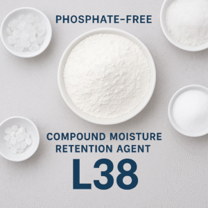 Phosphate-free moisture retention agent displayed as fine white powder in a ceramic bowl surrounded by individual ingredients on a clean light background