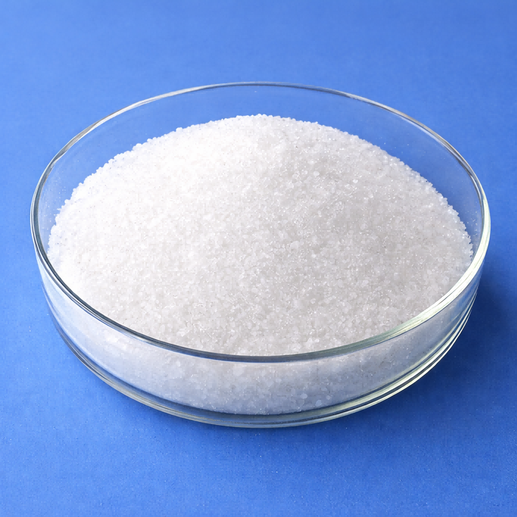 White sodium acetate crystals in a glass dish for food and industrial applications