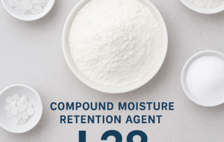 Phosphate-free moisture retention agent displayed as fine white powder in a ceramic bowl surrounded by individual ingredients on a clean light background