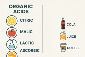 Infographic showing different types of acidity regulators, comparing organic acids such as citric, malic, lactic and ascorbic acid with inorganic phosphoric acid used in food processing.