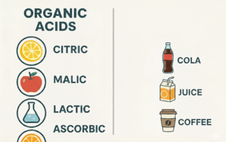 Infographic showing different types of acidity regulators, comparing organic acids such as citric, malic, lactic and ascorbic acid with inorganic phosphoric acid used in food processing.