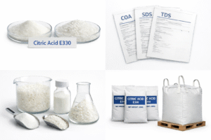 citric acid e330 food grade product overview with powder, granules, documents and bulk packaging