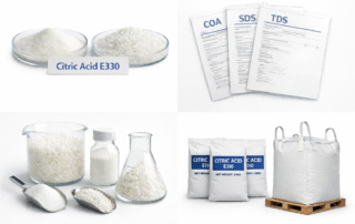 citric acid e330 food grade product overview with powder, granules, documents and bulk packaging