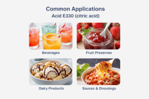 Common applications of acid E330 (citric acid) in beverages, fruit preserves, dairy products, and sauces & dressings.