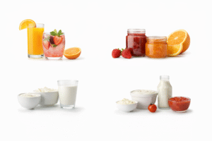 Common applications of citric acid (E330/INS 330) in end products: beverages, fruit preserves, dairy products, and sauces & dressings.