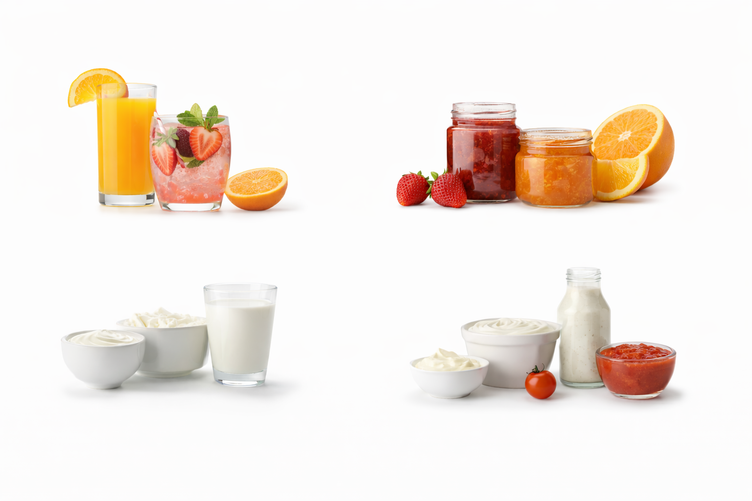 Common applications of citric acid (E330/INS 330) in end products: beverages, fruit preserves, dairy products, and sauces & dressings.