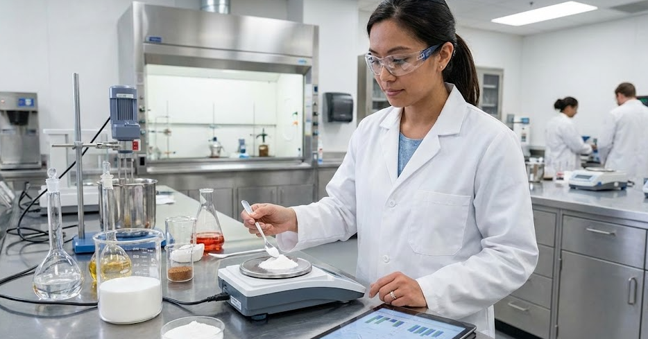 Choosing the Right Food Ingredient A food scientist carefully measuring ingredients in a modern food lab.