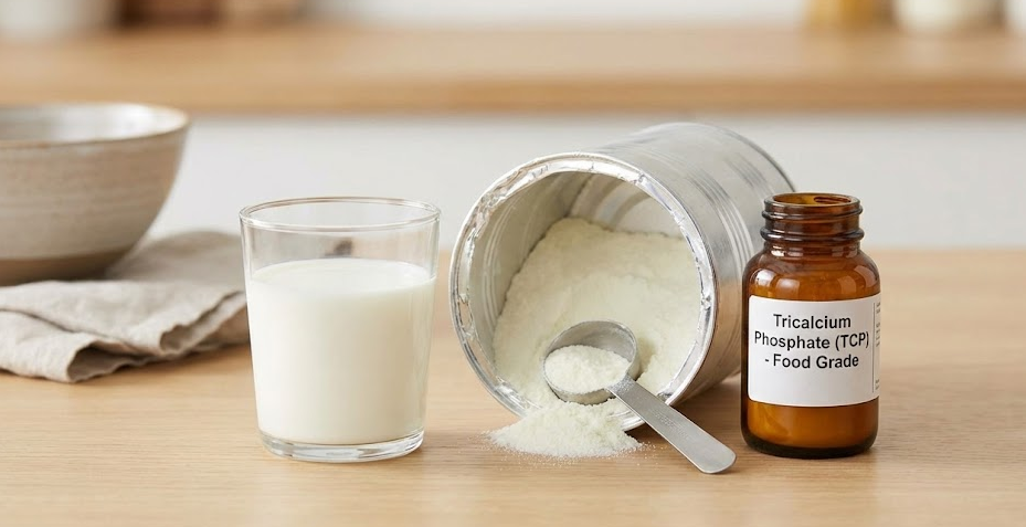 Tricalcium Phosphate for Fortification A glass of milk next to a container of milk powder, illustrating fortification.