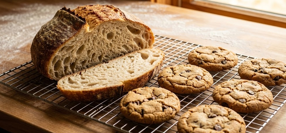 Leavening with Monocalcium Phosphate Freshly baked bread and cookies on a cooling rack, showcasing leavening agents at work.